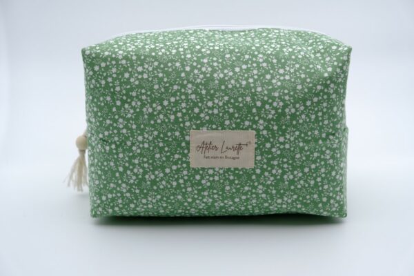Trousse grand format verte à fleurs blanches
